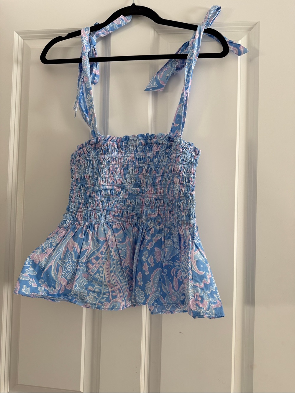 Lilly Pulitzer Blue and Pink Paisley Smocked Tie-Shoulder Tank